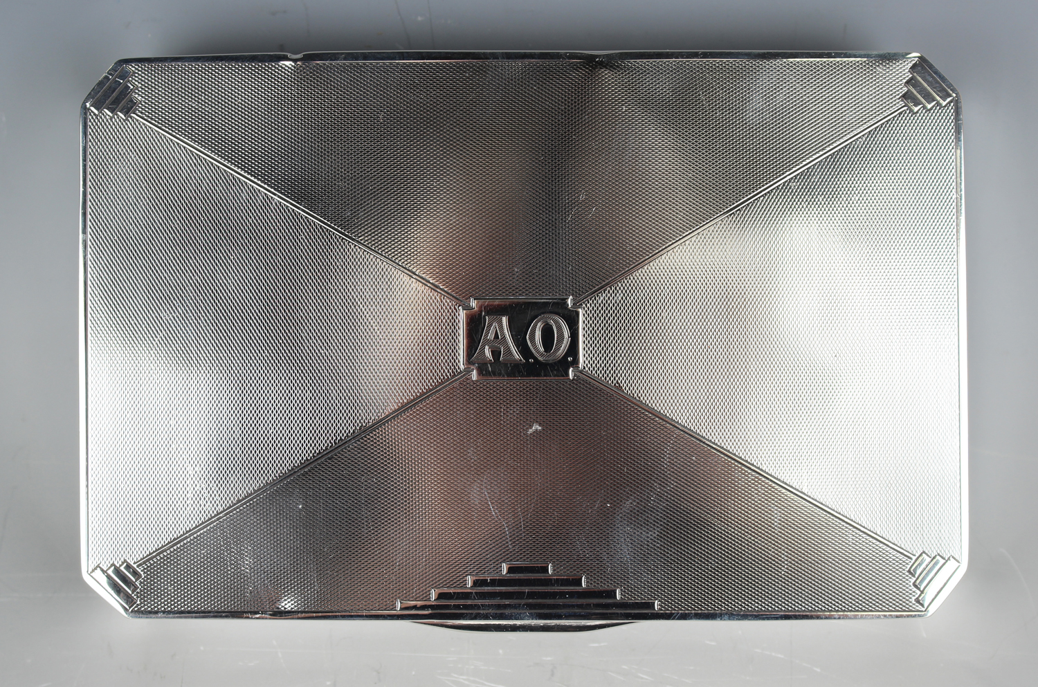 A George V silver canted corner rectangular cigarette box, the engine turned hinged lid with - Image 3 of 3