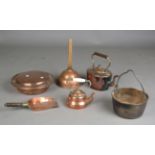 A collection of copper and brass wares, including a warming pan with ebonized wooden handle,