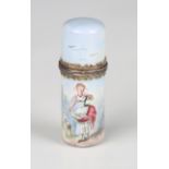 A 19th century French enamel scent phial, the cylindrical body painted with a girl standing beside a