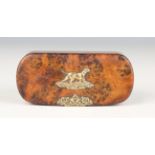 A George IV pollard oak curved rectangular snuff box, the lid applied with a gilt metal dog mount