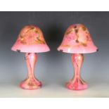 A pair of modern French pink and gilt speckled glass table lamps by Jean Michel Operto, bearing