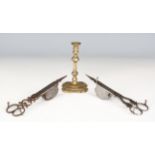 A pair of 18th century cut steel candle snuffers, stamped with crown over 'Patent CP.IL', length