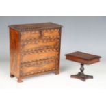 A 19th century apprentice chest of drawers, parquetry inlaid and crossbanded with rosewood, walnut