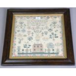 A George III needlework sampler by Louisa Eastick, dated 1817, with a central house flanked by