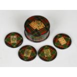 A late 19th century Tartan ware gaming counter box of circular lidded form, titled 'Prince Charlie',