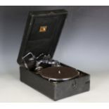 Two HMV portable mechanical gramophones with black rexine cases and No. 5A and No. 4 sound boxes,