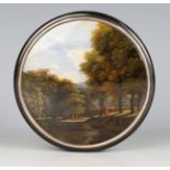 A 19th century tortoiseshell circular box and cover, hand-painted with figures and cattle at a river