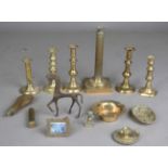 A collection of brass wares, including a Victorian brass and glass oil lamp (faults), a pair of 19th