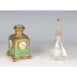 A 19th century French green glass and gilt metal mounted scent bottle, the hinged lid and four sides