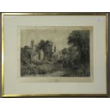 A late 19th/early 20th century monochrome print on silk depicting monastic ruins, 42cm x 57cm,