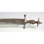 A 19th century Indian tulwar with thick forward-swept fullered blade, blade length 62.5cm, shaped