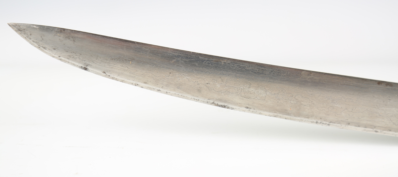 A 19th century Indian tulwar with curved watered blade, blade length 84cm, damascened steel hilt, - Image 5 of 9