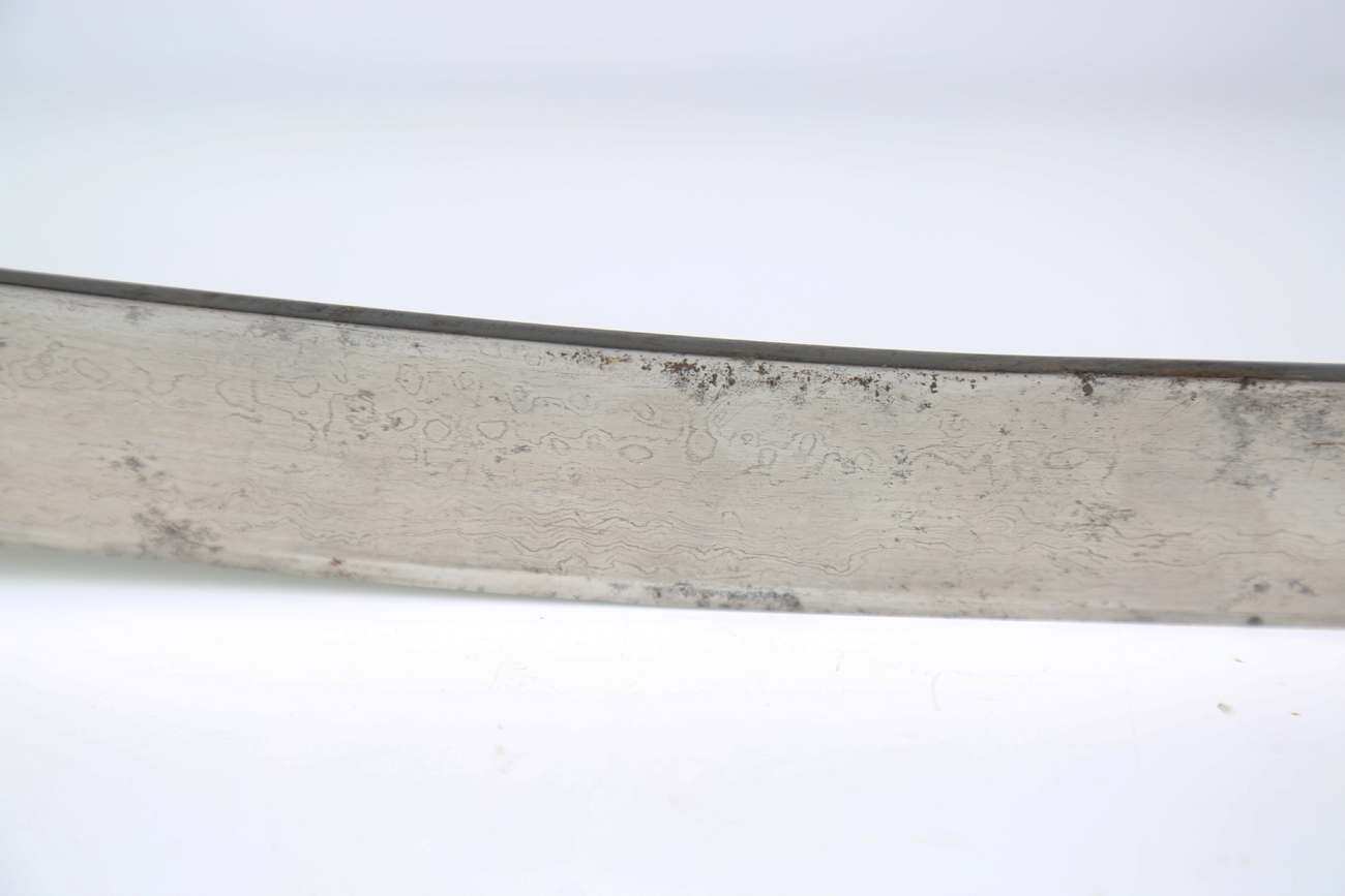 A 19th century Indian tulwar with curved watered blade, blade length 84cm, damascened steel hilt, - Image 6 of 9