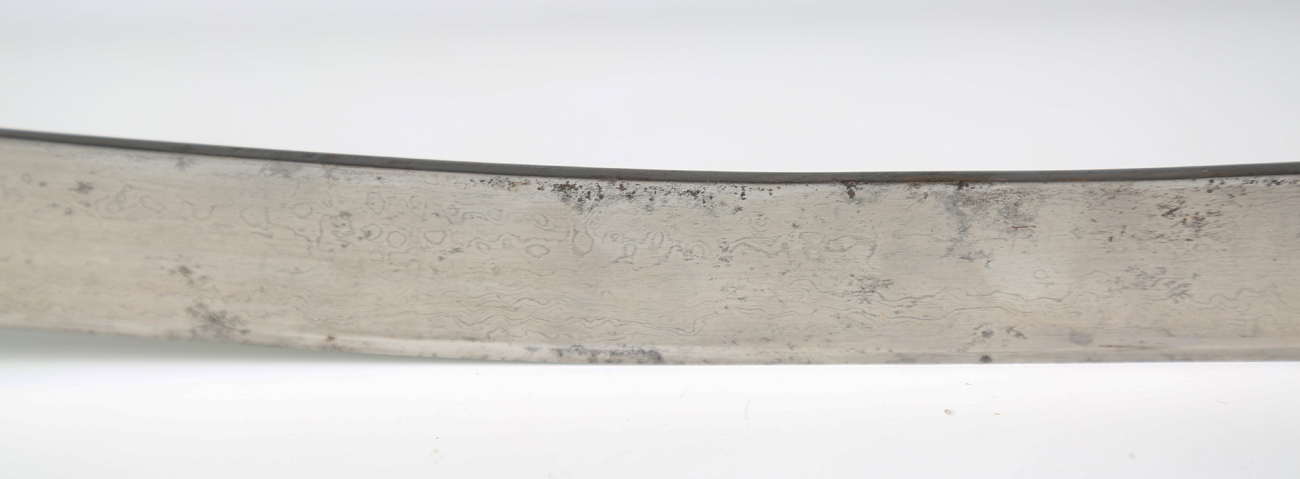 A 19th century Indian tulwar with curved watered blade, blade length 84cm, damascened steel hilt, - Image 7 of 9