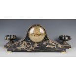 A late 19th century French veined black marble clock garniture, the clock with eight day movement