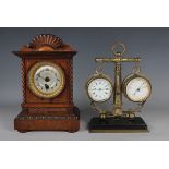 A late 19th century French brass novelty timepiece and aneroid barometer, the timepiece with