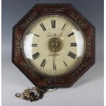 A 19th century Black Forest brass inlaid rosewood octagonal cased alarm wall clock, the weight