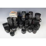 A collection of assorted camera lenses, including Apo-Sigma 1:4.5 f=300mm lens, cased, Tamron SP 1: