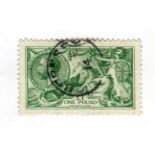 A 1913 £1 green Seahorse, fine used with Guernsey CDS, well centred.Buyer’s Premium 29.4% (including