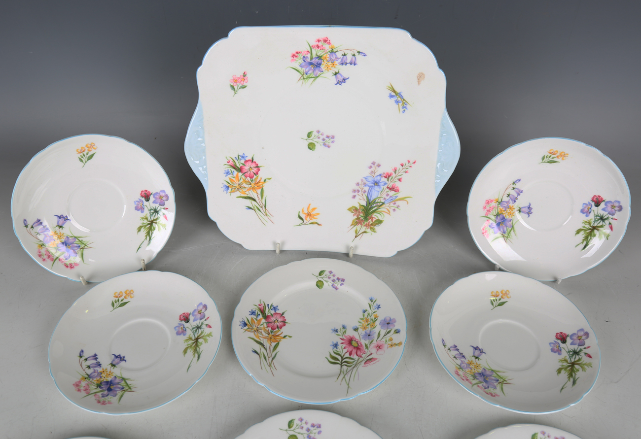 A Shelley Wild Flowers pattern part tea service, comprising cake plate, small teapot and cover, jug, - Image 2 of 6