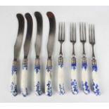 Eight Bow porcelain knife and fork hafts, mid-18th century, each of pistol grip shape, painted in
