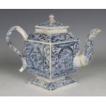 A rare Staffordshire Scratch Blue saltglazed stoneware teapot and cover, circa 1740, each face of