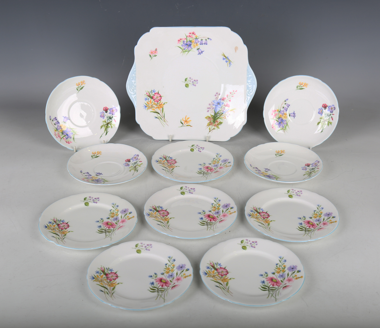 A Shelley Wild Flowers pattern part tea service, comprising cake plate, small teapot and cover, jug, - Image 4 of 6