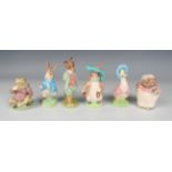 Six Beswick Beatrix Potter satin finish figures, comprising Jeremy Fisher, Jemima Puddle-Duck,
