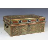 A late 19th century Anglo-Indian tin travelling stationery box, later painted with Kashmiri