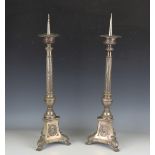 A pair of 20th century plated ecclesiastical pricket candlesticks, height 70cm.Buyer’s Premium 29.4%