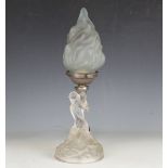 An early 20th century Continental figural frosted glass table lamp, the base moulded with a nude