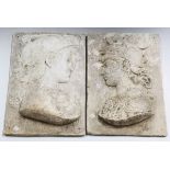 A pair of 20th century cast composition stone portrait plaques, each relief cast with opposing