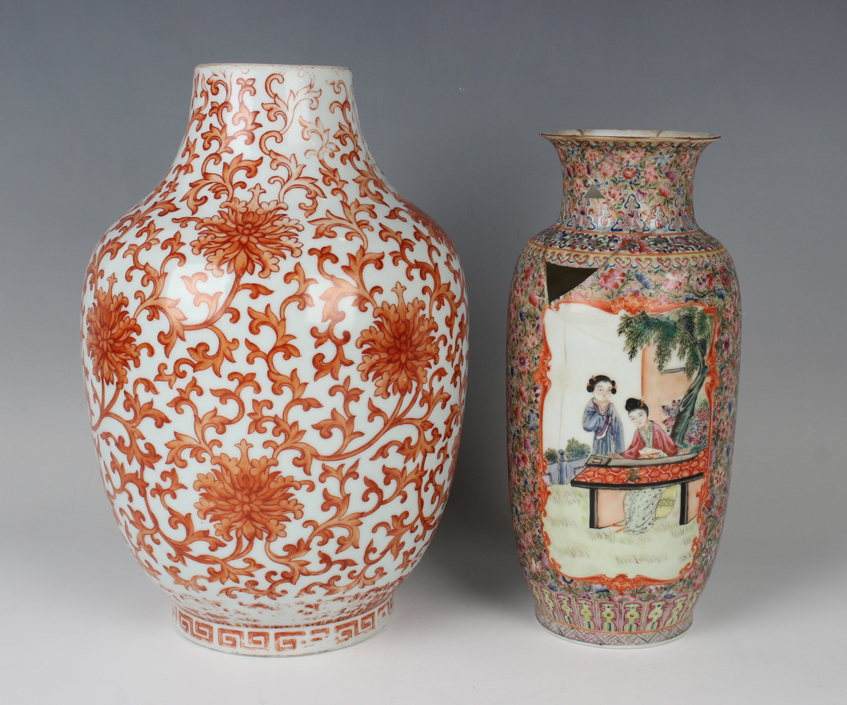 A Chinese iron red decorated porcelain vase, mark and period of Daoguang, the ovoid body painted