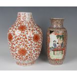 A Chinese iron red decorated porcelain vase, mark and period of Daoguang, the ovoid body painted