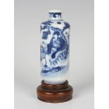 A Chinese blue and white porcelain snuff bottle, mark of Yongzheng but later, the cylindrical body