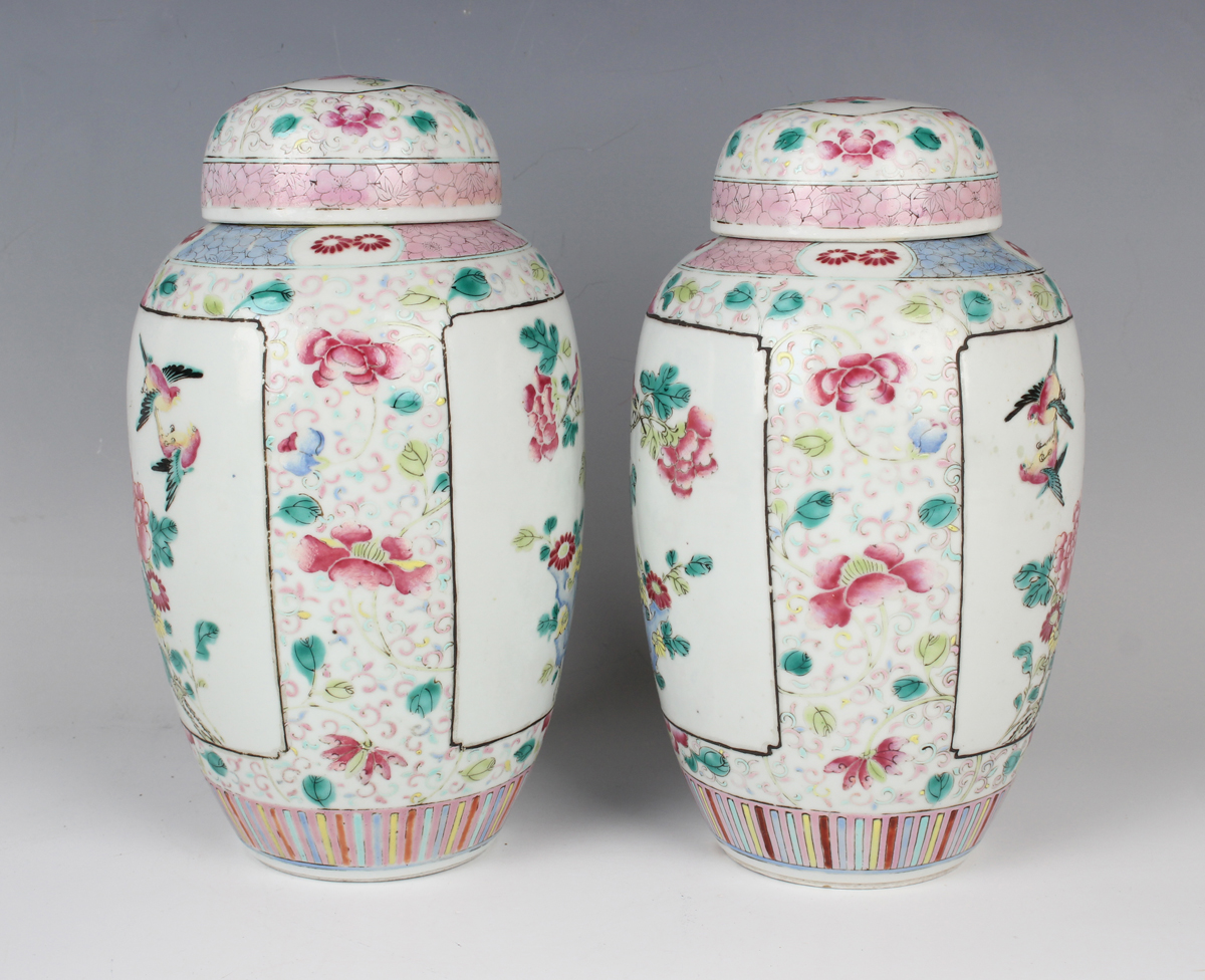 A pair of Chinese famille rose porcelain jars and domed covers, late Qing dynasty, each elongated - Image 10 of 12