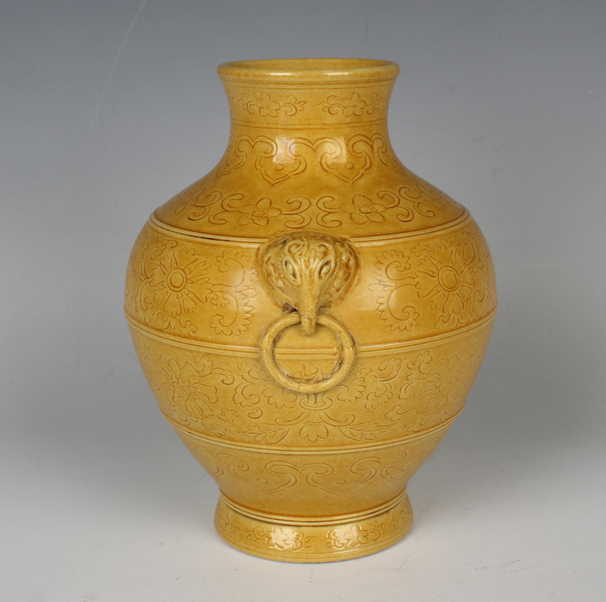 A Chinese yellow enamelled biscuit porcelain vase, mark of Qianlong but 20th century or later, of hu - Image 5 of 7