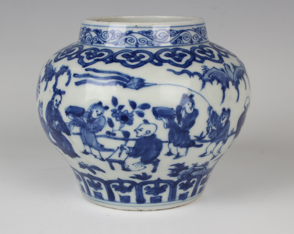 A Chinese blue and white porcelain pot, mark of Wanli but probably later, of squat baluster form,