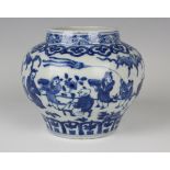 A Chinese blue and white porcelain pot, mark of Wanli but probably later, of squat baluster form,