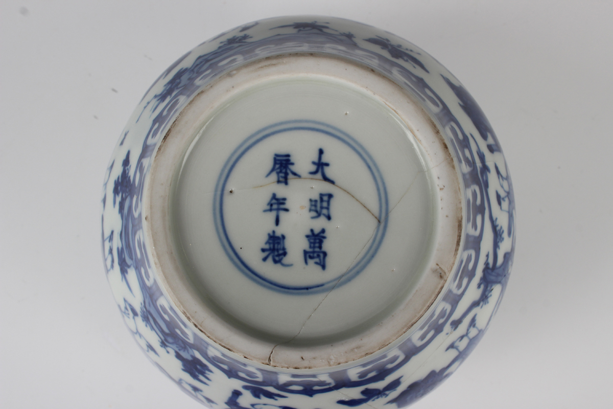 A Chinese blue and white porcelain pot, mark of Wanli but probably later, of squat baluster form, - Image 11 of 15