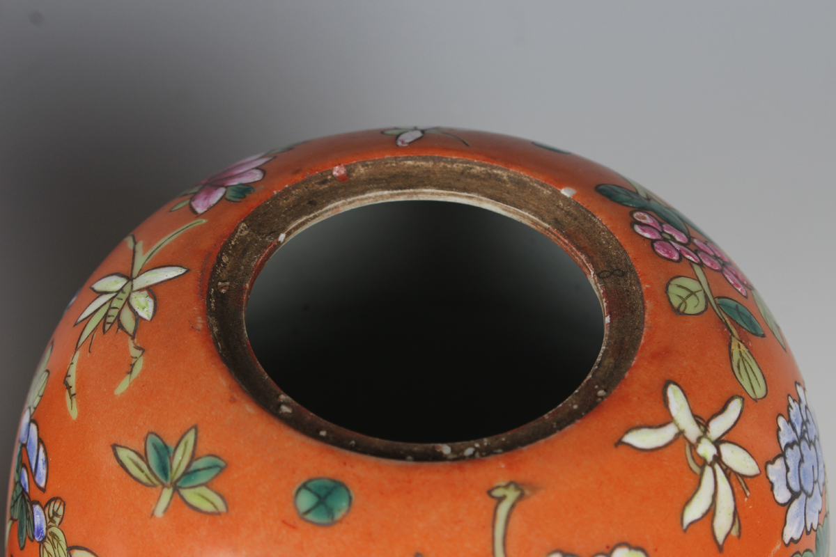 A pair of Chinese famille rose coral ground porcelain jars and covers, early 20th century, each of - Image 5 of 10