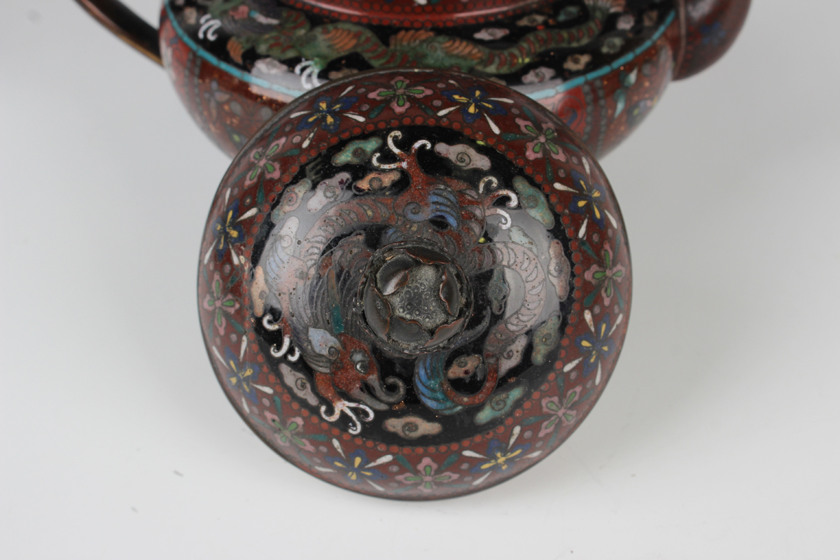 A Japanese cloisonné teapot and cover, Meiji period, of squat circular form, decorated with dragon - Image 7 of 9