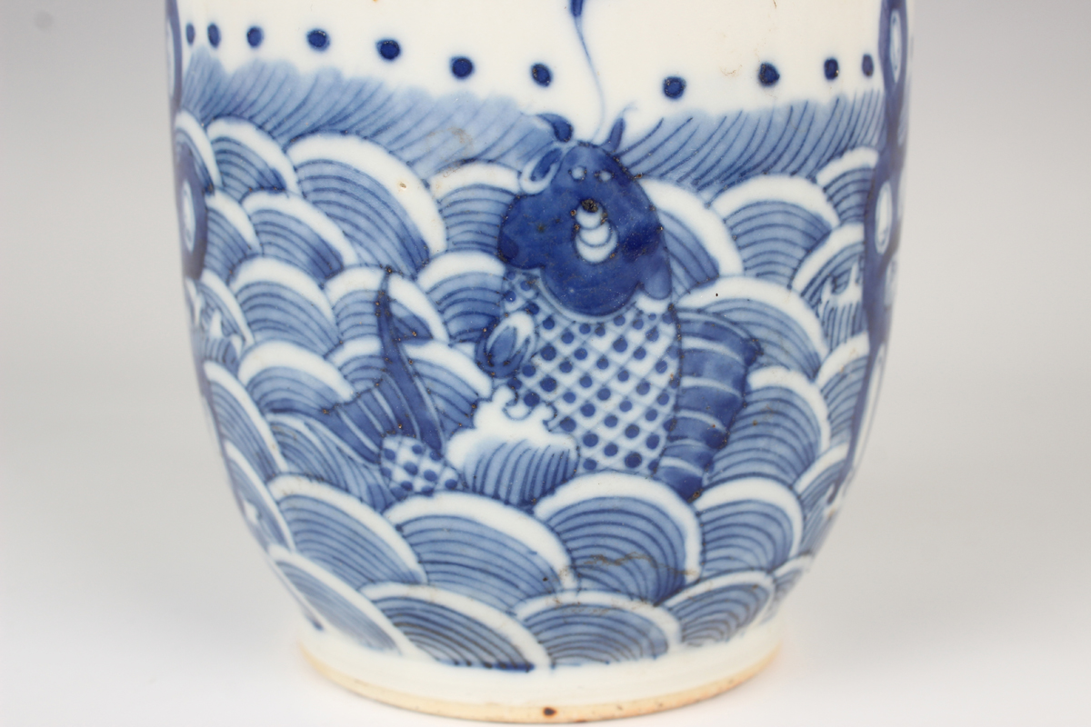 A Chinese blue and white porcelain rouleau vase, probably 20th century, the body painted to one side - Image 2 of 7