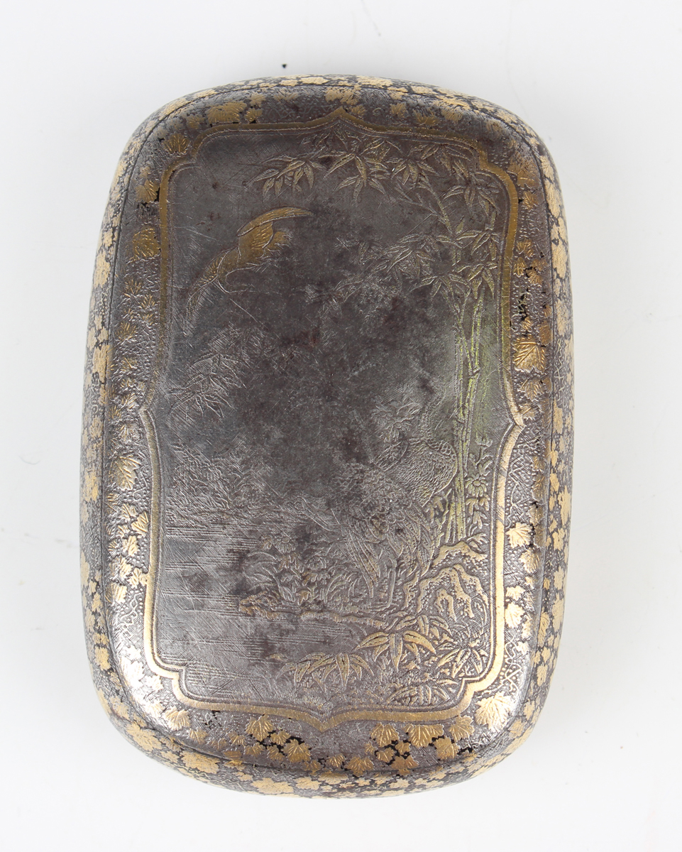 A Japanese damascened iron snuff box, Meiji period, of oblong form, the hinged lid finely worked - Image 2 of 9