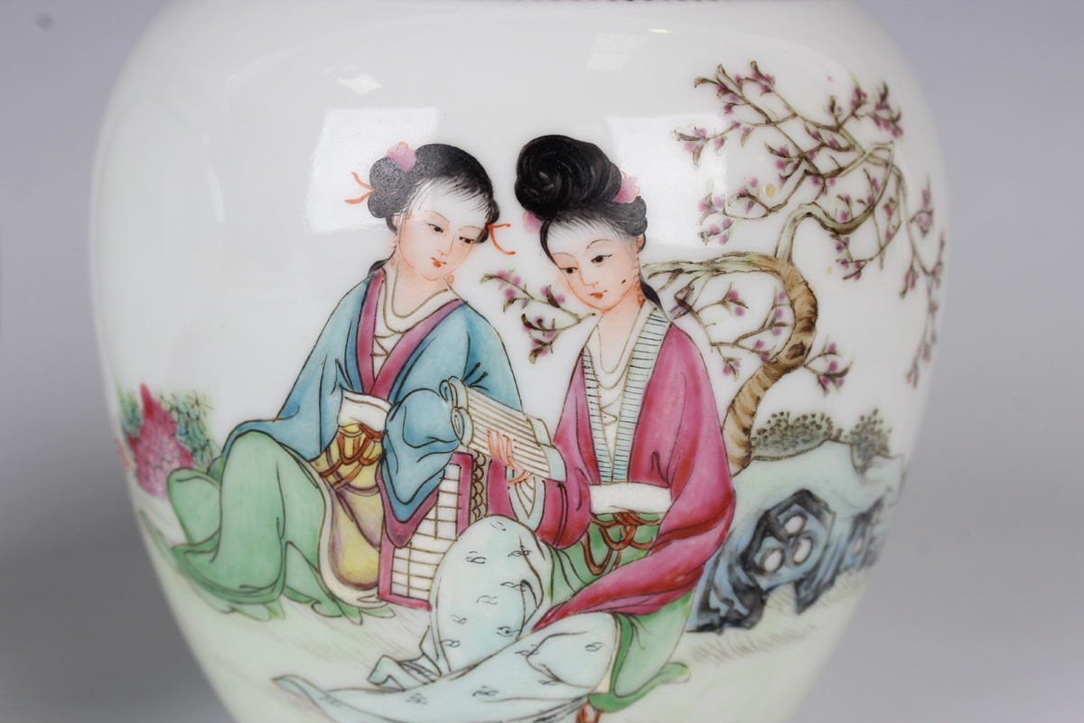 A pair of Chinese famille rose porcelain jars and covers, 20th century, each ovoid body painted with - Image 10 of 14