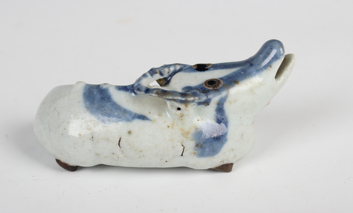 A group of four Chinese porcelain zoomorphic water droppers, Qing dynasty, including a blue and - Image 11 of 12