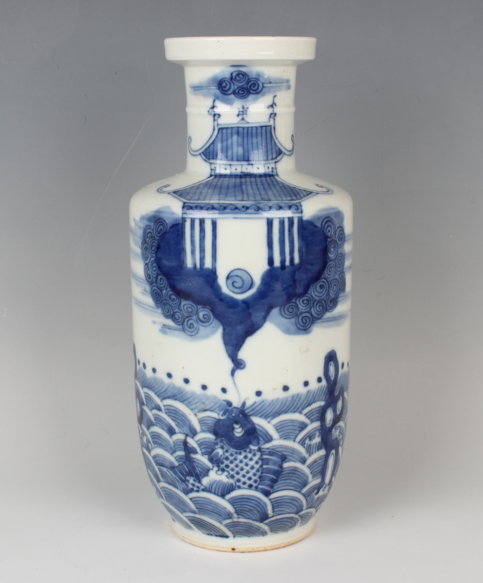 A Chinese blue and white porcelain rouleau vase, probably 20th century, the body painted to one side