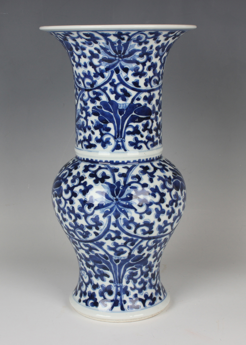 A Chinese blue and white porcelain 'phoenix tail' vase, mark of Kangxi but probably 20th century - Image 6 of 7