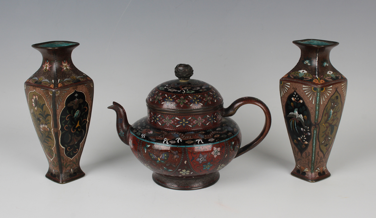 A Japanese cloisonné teapot and cover, Meiji period, of squat circular form, decorated with dragon