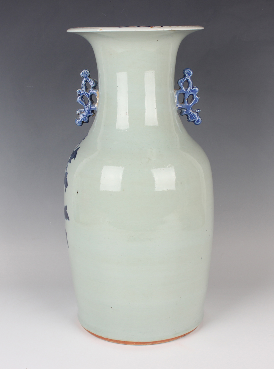 A Chinese blue and white celadon ground porcelain vase, late Qing dynasty, of shouldered tapering - Image 7 of 8